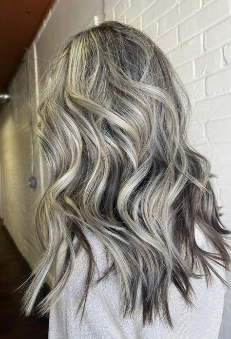 Dark Hair On Bottom Blonde On Top, Natural Roots With Highlights, White Blonde Hair With Dark Lowlights, Brown Grey Blonde Hair, Ash Brown Platinum Highlights, Black Balayage On Blonde Hair, Going Back Blonde From Brown, Icy Blonde With Lowlights Dark Brown, Mushroom Blonde Hair With Money Piece