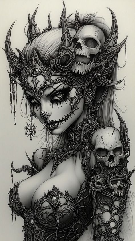 Drawing With Hidden Images, Raven Queen Dnd Art, Dark Gothic Art Fallen Angels, Female Villain Character Design Modern, Creepy Colorful Art, Surealism Art Tattoos, Female Horror Tattoo, Female Reaper Tattoo, Angel Demon Aesthetic