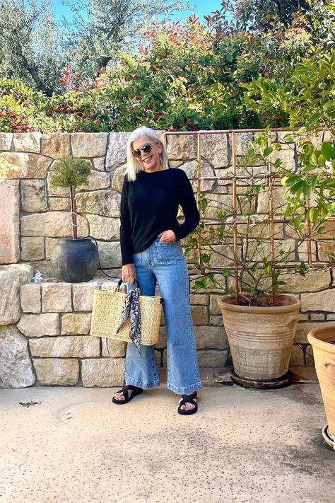 7 Chic Denim Trends you can Wear After 50 Confidently - Cindy Hattersley Design Wide Jeans Over 50, Classic Outfits Over 50, Wide Leg Capri Jeans Outfit, Wide Leg Jeans Over 50, Summer Outfits Over 50 Casual, What To Wear With Wide Leg Jeans, Wide Leg Jeans Outfit Winter, Wide Leg Denim Outfit, Outfits For Women Over 60 Casual