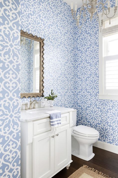 Lake Elmo Home Reveal | Bria Hammel Interiors Elegant Bathroom Wallpaper, Blue Powder Rooms, Blue Powder Room, Polished Nickel Faucet, Scalloped Mirror, Blue And White Wallpaper, Powder Room Wallpaper, Transitional Bathroom, Blue Bathroom