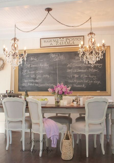 I want a chalkboard like this one in my dining room! It would be nice for homeschool. Large Framed Chalkboard, Violin Teaching, Shabby Chic Dining Room, Chic Dining Room, Shabby Chic Dining, Deco Champetre, French Country Dining, Bold Decor, Framed Chalkboard