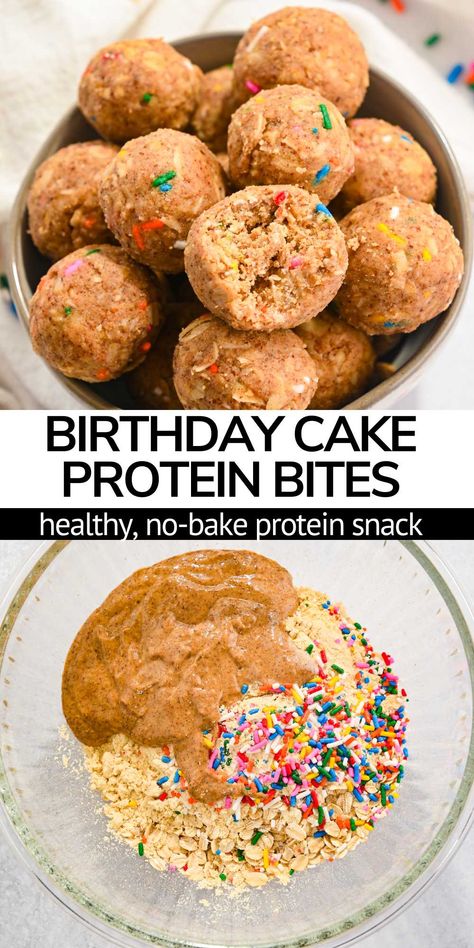 These birthday cake protein balls are an easy no-bake snack recipe that is great for meal prep! Full of protein and delicious cake batter flavor, these are the perfect little snack when you are craving a slice of birthday cake! No Bake Protein Brownie Bites, Healthy Birthday Cake Protein Balls, Kid Friendly Protein Snacks, Protein Ball Recipes Healthy, Healthy Protein Snacks Clean Eating, Protein Pregnancy Snacks, High Protein Kids Snacks, High Protein Baked Goods, Quick High Protein Snacks