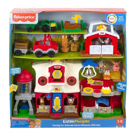 Toddlers can explore tons of fun on the farm with this action-packed Little People gift set from Fisher-Price. Toddlers can explore tons of fun on the farm with this action-packed Little People gift set from Fisher-Price. ​Ultimate gift set including the Caring for Animals Farm toddler playset with Smart Stages learning content, plus a stable and tractor set, and push-along farm truc ​Press and turn the activations for exciting lights, songs, sounds, phrases and actions! Roll the vehicles along Boy Toys Toddler, Little People Storage, Crops Farm, Toddler Pretend Play, Functional Play, Caring For Animals, Fun On The Farm, Fisher Price Baby Toys, Toddler Boy Toys