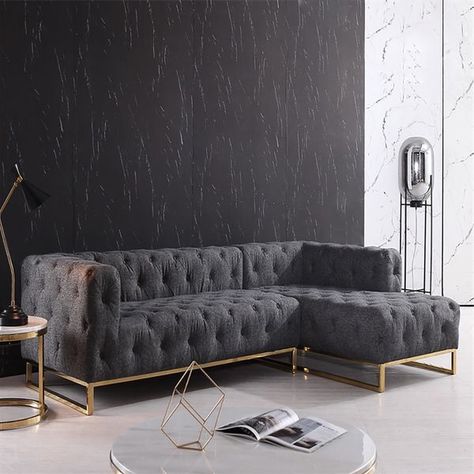 94.5" Modern Tufted Velvet Upholstered Sofa 3-Seater Sofa Gray Sectional in Gold Base Sofa Models, Tufted Sectional Sofa, Luxurious Lounge, Grey Sectional Sofa, Diamond Tufting, Fabric Sectional Sofas, Grey Sectional, Modern Sofa Sectional, Fabric Sectional