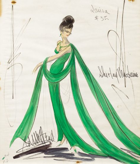 Edith Head sketche of Shirley MacLaine as “Louisa May Foster” from What a Way to Go. (TCF, 1964) Edith Head Sketches, Edith Head Designs, What A Way To Go, Edith Head Fashion, Vintage Sketches, Costume Design Sketch, Edith Head, Best Costume Design, Hollywood Costume