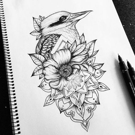 Kookaburra and mandala tattoo design by Emilie @mi_li3_art on instagram. Bird flower line art: Dotwork Tattoo Mandala, Australia Tattoo, Animal Mandala, Tattoo Animal, Tattoo Mandala, Bird Tattoos, Japanese Tattoos, Drawing Tattoo, Design Mandala