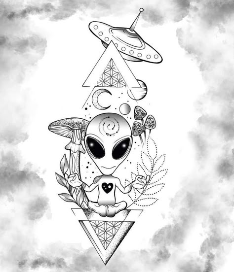 Shen Long Tattoo, Geometric Tattoo Sleeve Designs, Aesthetic Art Anime, Ufo Tattoo, Astronaut Tattoo, Arte Aesthetic, Surreal Tattoo, Black Cat Tattoos, Alien Drawings