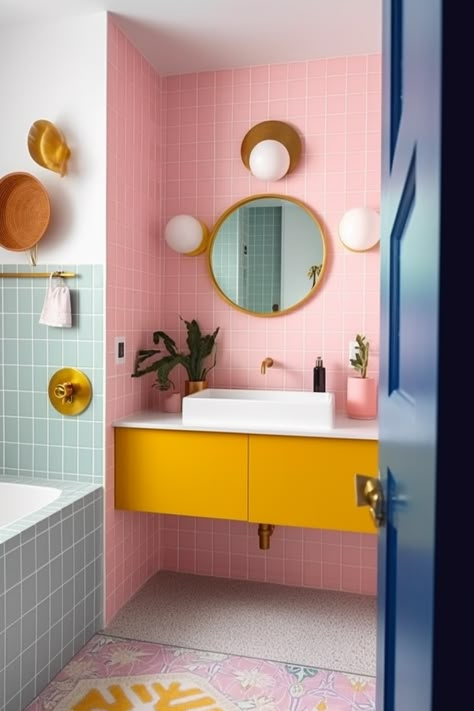 Funky Bathrooms, Small Bathroom Renos, Pastel Bathroom, Funky Bathroom, Colourful Bathroom, Pastel Interior, Bathroom Shelf Decor, Bathroom Decor Colors, Retro Bathrooms