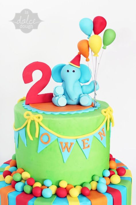 Elephant Bright Birthday Cake - CakeCentral.com Bright Birthday Cakes, 2 Tiered Cake, Elephant Birthday Cakes, Fondant Elephant, Boys 1st Birthday Cake, Cake With Fondant, Elephant Cakes, Cake Photos, 5 Balloons