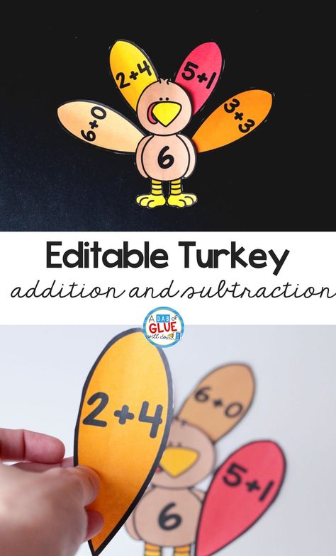 Thanksgiving is even more fun with these Turkey Editable Addition and Subtraction activities. Editable Turkey crafts and activities are a gobble gobble good time. Addition And Subtraction Activities, November Math Activities, Thanksgiving Math 1st Grade, Turkey Math Kindergarten, Kindergarten Math Thanksgiving, Thanksgiving Subtraction, Turkey Addition, Thanksgiving Addition, Turkey Math