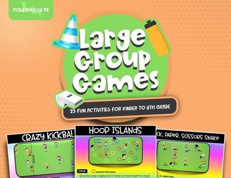 Cover_LargeGroupGames Large Group Pe Games, Group Games For Kindergarten, Fun Games For Large Groups, Elementary Pe Games, Games For Big Groups, Activities For Small Groups, Pe Games Elementary, Indoor Kids Games, Games For Large Groups