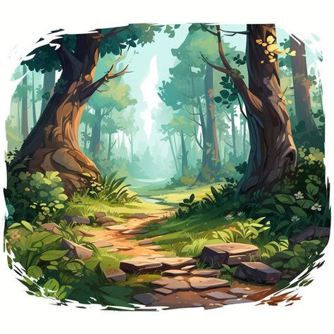 Vector & 4K Cartoon Forest Png Clipart in Oil Painting Style Nature Digital Art Illustrations, Cottagecore Environment, Fantasy Forest Drawing, Forest Digital Painting, Digital Art Forest, Forest Cliff, Cartoon Environment, Digital Art Landscape, Landscape Drawing Tutorial