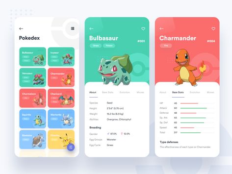 Pokedex App by Saepul Nahwan Pokedex App, Pokemon App, Pokemon Website, App Design Layout, Card Ui, App Interface Design, Game Interface, Fitness App, Game Ui Design