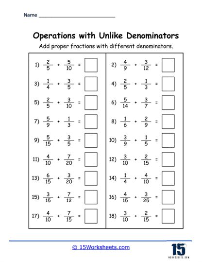 Unlike Fractions Worksheet, Adding Unlike Fractions, Free Fraction Worksheets, Fraction Worksheet, Unlike Fractions, Add Fractions, Proper Fractions, Simple Fractions, Operations With Fractions