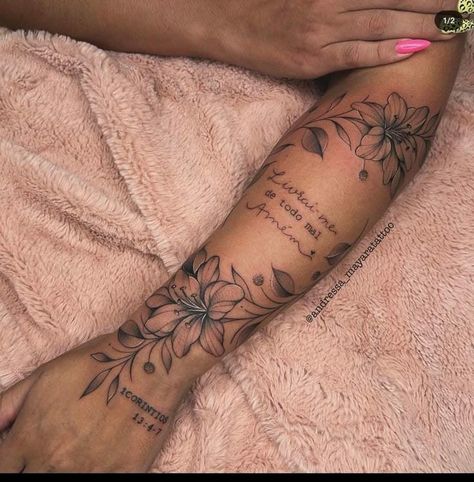 Flowers Around Quote Tattoo, Rose Tattoo On Arm For Women, Inner Arm Sleeve Tattoo For Women, Sleeve Starter Tattoo Women, Words With Flowers Tattoo, Womans Sleeve Tattoo Ideas, Cute Sleeve Tattoos For Women, Flower Tattoo With Words, Female Sleeves