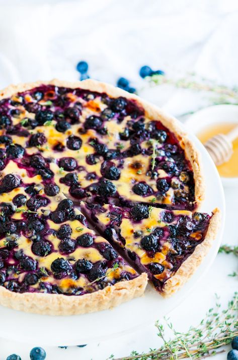 Honey Blueberry Yogurt Custard Tart Yogurt Custard, Gremolata Recipe, Blueberry Yogurt, Honey Yogurt, Tart Dessert, Custard Tart, Slices Recipes, Sweet Tarts, Fresh Thyme