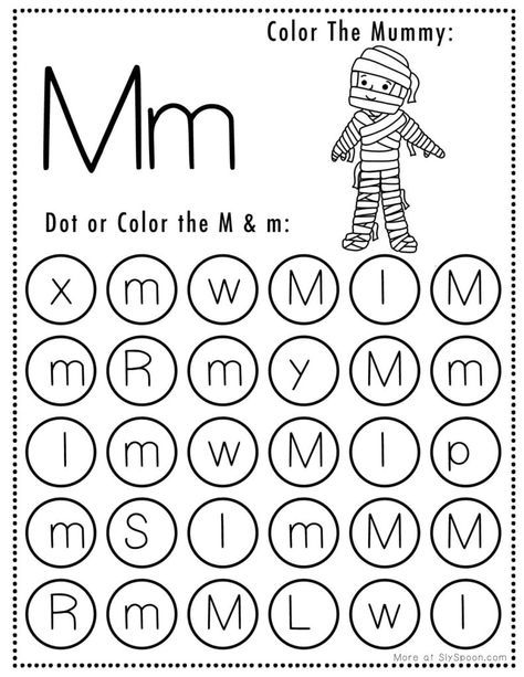 Free Halloween Themed Letter Dotting Worksheets For Letter M - Set includes a variety of Letter M coloring and tracing worksheets. Ideal for homeschoolers & preschool teachers and perfect for Halloween-themed lesson plans! 🍁🖍👻🎨 #Homeschooling #PreschoolEducation #PreKLearning #HalloweenActivities #AlphabetWorksheets #mummy #Printables #Freeprintable #letterm#FreeprintableHalloweenWorksheet #HalloweenWorksheets Letter M Crafts, Toddler Journal, Letter M Activities, Letter M Worksheets, Letter Worksheets Kindergarten, Phonics Lesson Plans, Preschool Phonics, Dot Marker Activities, Holiday Worksheets