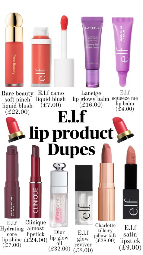 Elf product dupes #elf #makeup #dupes #makeupproducts Glossy Lips Makeup, Best Lip Gloss, Makeup Accesories, Makeup Help, Easy Makeup Tutorial, Simple Makeup Looks, Ethereal Makeup, Lots Of Makeup, Elf Makeup