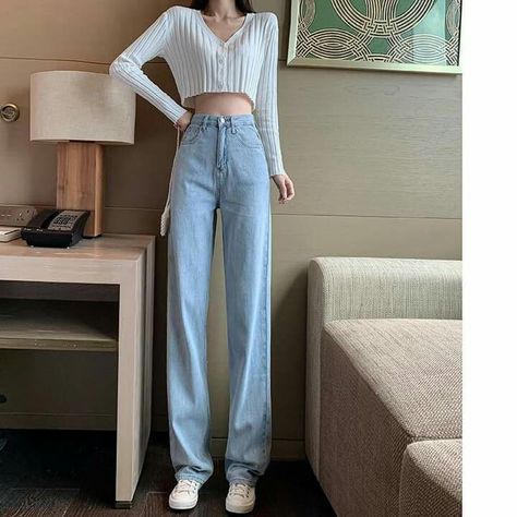 Tall Girl Outfits, Jeans Female, Korean Casual Outfits, Kawaii Fashion Outfits, Denim Pants Women, Korean Girl Fashion, Causual Outfits, Waist Jeans, Kpop Fashion Outfits