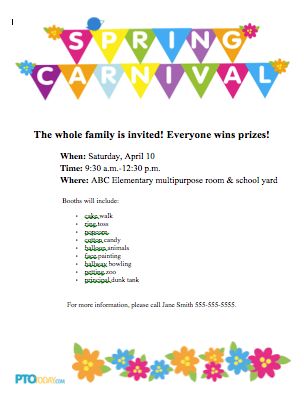 Spring Carnival flyer from PTOToday.com. Get the word out to your community! Spring Fling Games, Spring Festival Ideas, Dance Team Fundraisers, Elementary School Fundraisers, Spring Fling Party, Carnival Flyer, Pta Events, Pto Today, Pta Fundraising