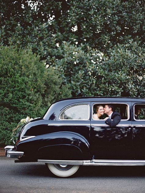 exit in a vintage black ride. Wedding Exit Car, Vintage Black Wedding, Getaway Car Wedding, 2016 Wedding Trends, Vintage Wedding Car, Vintage Wedding Reception, Jose Villa Photography, Car Wedding, Wedding Exit