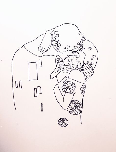 1000 Drawings ! — Minimal line rendering of Gustav Klimt’s “The... Klimt Tattoo, Kiss Tattoos, Cool Easy Drawings, Kunst Tattoos, Couple Drawing, Art Embroidery, The Kiss, Gustav Klimt, Line Art Drawings