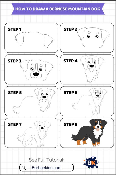 How To Draw A Bernese Mountain Dog Puppy Activities, Dog Themed Birthday Party, Dog Sewing Patterns, Fun Artwork, Dog Line Art, Dog Steps, Dog Line, Dog Sketch, Line Art Tattoos