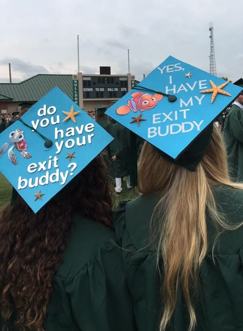 Fishing Graduation Cap Ideas, Brave Graduation Cap, Senior Box Ideas 2025 Disney, Grad Cap Designs Disney, Best Friend Graduation Caps, Disney Graduation Cap Designs, Matching Grad Caps, Matching Graduation Caps, Grad Cap Ideas Disney