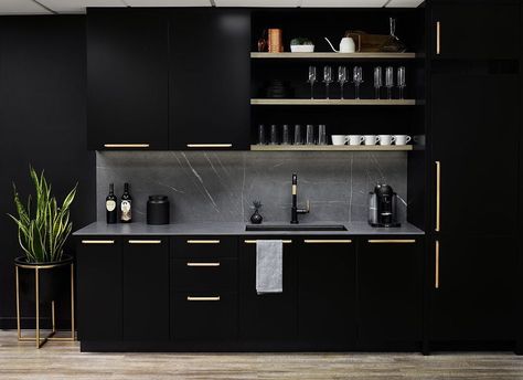 How exquisite is this kitchenette? 🖤@devon_grace_interiors showcases our @Antolini Tech Porcelain Collection. #chicagointeriordesigner Flat Panel Cabinet, Modern Paint Colors, Wooden Floating Shelves, Flat Panel Cabinets, Dark Kitchen, Kitchen Furniture Design, Black Kitchens, Modern Kitchen Design, Kitchen Inspirations