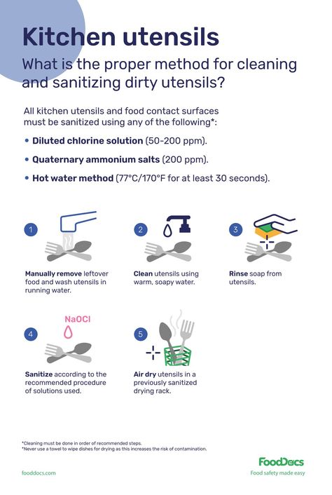 What is the proper method for cleaning and sanitizing dirty utensils? | Download Free Poster Culinary Terms, Food Safety Training, Adulting 101, Safety Management System, Easy Apps, Food Allergens, Restaurant Management, Safety Training, Food Info