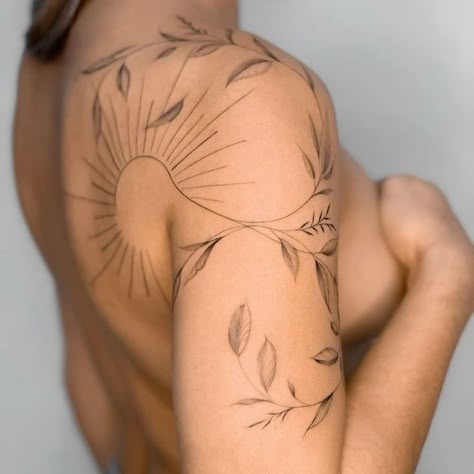 Thigh Plant Tattoo, Shoulder Sun Tattoo, Brown Ink Tattoo, Brown Tattoo Ink, Earthy Tattoos, Flower Tattoo Ideas, Tasteful Tattoos, Spine Tattoos For Women, Shoulder Tattoos For Women