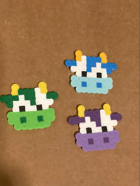 blue cow purple cow green cow perler bead cute pixel art farm animal perler beads Bead Art Animals, Perler Beads Cows, Cow Melty Beads, Pearler Bead Patterns Cow, Blueberry Perler Beads, Green Perler Bead Ideas, Perler Beads Ideas Mini, Simple Small Perler Bead Patterns, Matching Pearler Beads