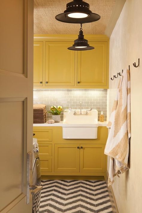 Yellow Laundry, Yellow Laundry Rooms, Gray Subway Tile Backsplash, Contemporary Laundry Room, Grey Laundry Rooms, Laundry Room/mud Room, Yellow Cabinets, Dream Laundry Room, Mudroom Laundry Room