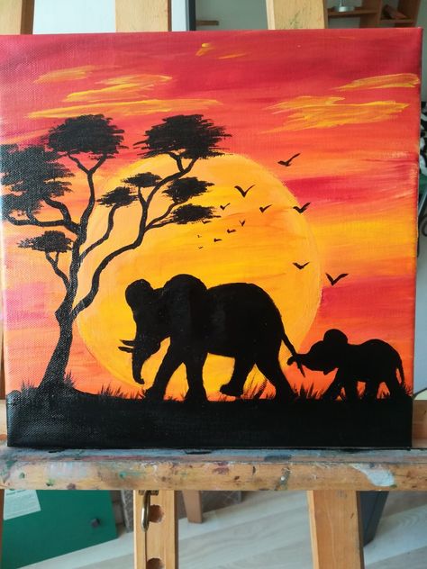 Elephant Sunset Painting, Step By Step Elephant Painting, Animal Art Acrylic, Safari Painting Canvases, Elephant Silhouette Painting, Painting Ideas On Canvas Elephant, Elephant Painting Easy, Elephant Painting Simple, Elephant Painting Ideas