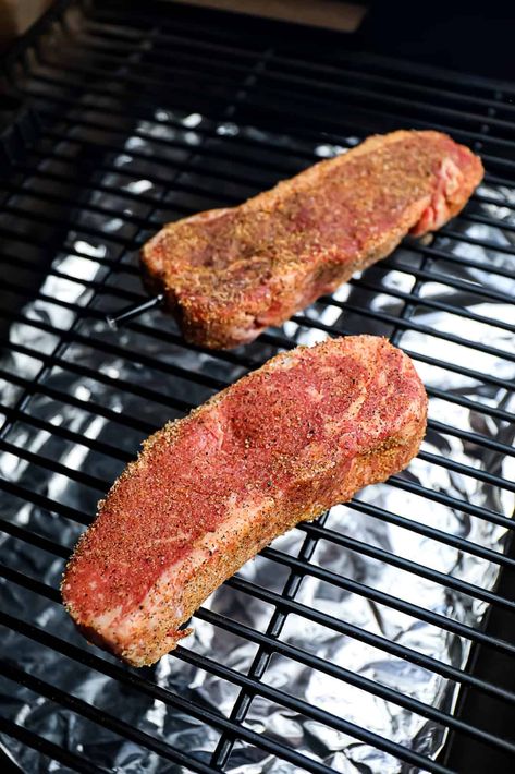 New York Steak Recipe, Ny Strip Steak Recipes, Reverse Sear Steak, Pit Boss Pellet Grill, Ny Steak, Foods Dinner, Strip Steaks, Traeger Smoker, New York Strip Steak