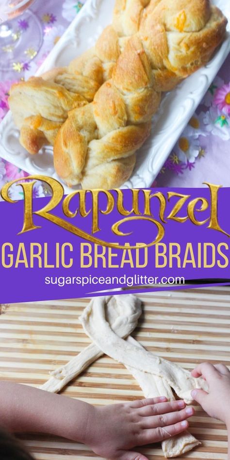 Easy Braided Bread Recipes, Disney Appetizer Ideas, Bread Braids, Simple Garlic Bread, Disney Dessert Recipes, Disney Movie Night Food, Movie Dinner, Themed Nights, Disney Inspired Recipes