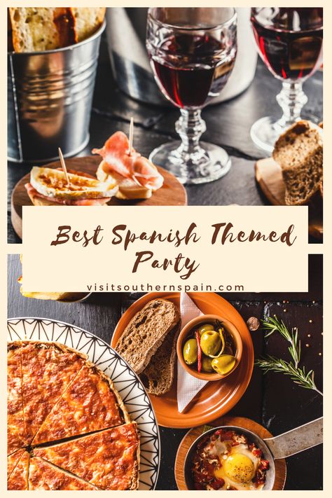 Tapas Dinner Party Ideas, Spanish Table Setting Ideas, Tapas Party Decorations, Spanish Party Food, Spanish Themed Dinner Party, Spanish Appetizers For Party, Spanish Party Ideas, Paella Party Ideas, Spanish Party Decor