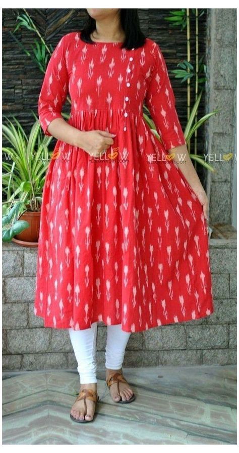 Anarkali Cotton Kurti Design, Pochampally Kurtis Designs Cotton, Ikkat Chudidar Designs Cotton, Cotton Ikkat Kurti Designs, Red Colour Kurti Design, Pochampally Dress Designs, Pochampally Kurtis Designs, Ikkat Dresses Designs, Ikkat Tops