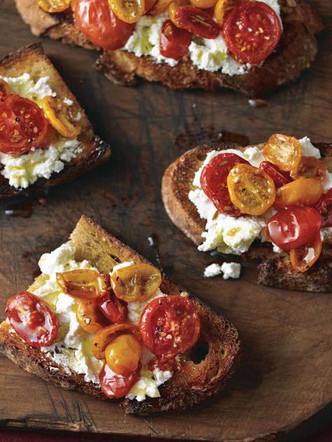 Caramelized Tomato and Ricotta Bruschetta | Williams Sonoma Taste Ricotta Bruschetta, Slow Roasted Tomatoes, Tomato Bruschetta, Bruschetta Recipe, Roasted Cherry, Roasted Cherry Tomatoes, Healthy Work, Tomato Recipes, Williams Sonoma