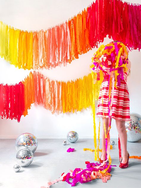 Gradient Fringe Garland Diy Fringe Garland, Kids Craft Storage, Fringe Garland, Boho Garden Party, Ribbon Dance, Diy Tassel Garland, Popsicle Party, Diy Birthday Banner, Fringe Backdrops