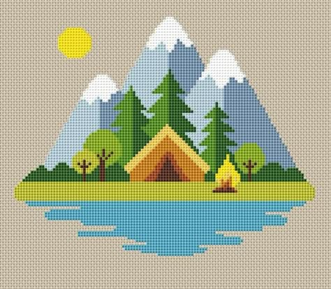 Adventure Cross Stitch, Camping Cross Stitch Patterns, Cross Stitch Camping, Landscape Modern, Tiny Cross Stitch, Cross Stitch Landscape, Nature Cross Stitch, Hama Bead, Mountains Landscape