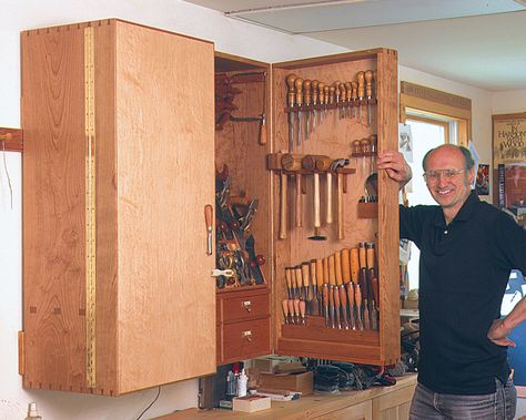 How to Design a Tool Cabinet - FineWoodworking Wood Tool Chest, Tool Wall Storage, Woodworking Tool Cabinet, Wood Tool Box, Workbench Designs, Tool Chests, Tool Storage Cabinets, Wooden Tool Boxes, Used Woodworking Tools