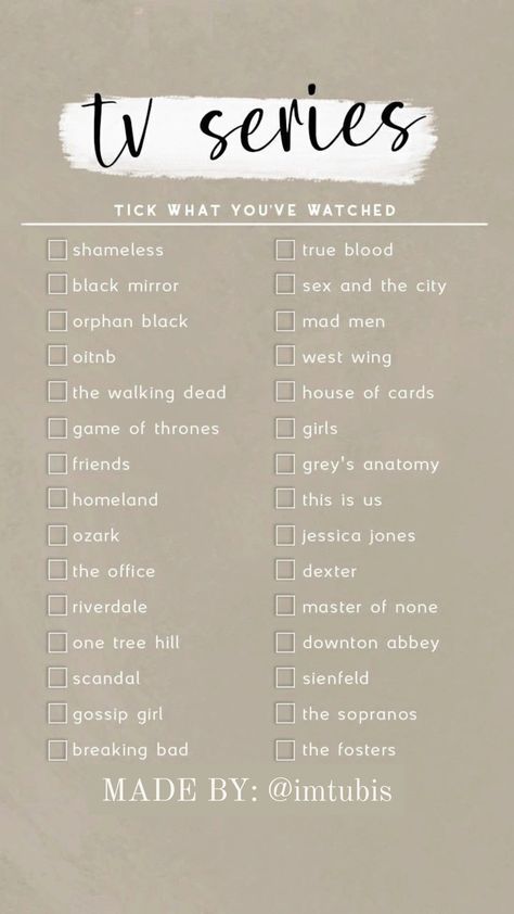 i am waiting for your answers♡ Tick what you've watched #tvchallenge #series #lovers Series Checklist, Movies To Watch List, Netflix List, Netflix Movie List, Netflix Shows To Watch, Netflix Hacks, Netflix Shows, Netflix Movies To Watch, Instagram Story Questions