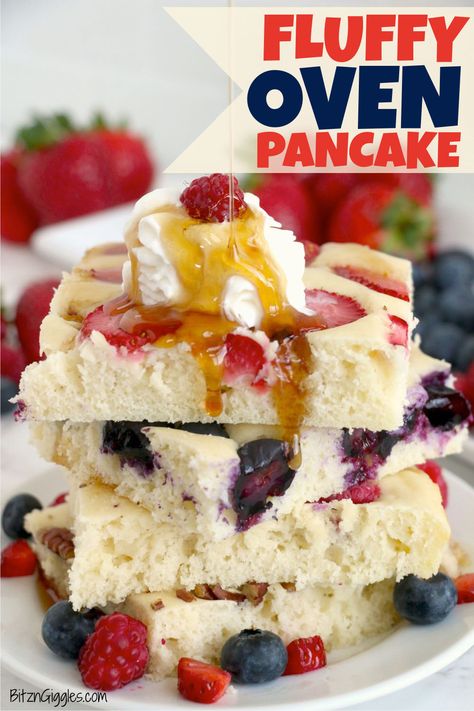 Fluffy Oven Pancake - Fluffy and soft sheet cake pancake, perfect for serving a crowd! Topped with maple syrup, your choice of fresh berries and whipped topping, this recipe is sure to become a family favorite! #bitzngiggles #oven #pancake #sheetpan #pancakes #recipe #breakfast #Christmas Sheet Cake Pancakes, Frozen Strawberry Smoothie, Oven Pancake, Breakfast Christmas, Oven Pancakes, Breakfast Casseroles, Recipe Breakfast, Chocolate Chip Pancakes, Easy Oven