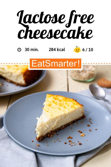 Clever naschen: Lactose Free Cheesecake - few calories - mittel - A recipe idea by EAT SMARTER | Cake, Sugar-Free Cake, Cheesecake, quark cheesecake, High-protein, lactose-free, Lactose-free Snacks, Lactose-free Dessert, non-alcoholic, Vegetarian, Vegetarian Dessert, crowdpleaser, Garden Party, Guest, Birthday, Sweet, Sunday cooking #cheesecake #recipes Best Dairy Free Cheesecake, Lactose Free Cheesecake Recipe, Low Lactose Cheese, Non Dairy Cheesecake, Gluten And Lactose Free Cheesecake, Lactose Free Snacks, Lactose Free Cheesecake, Cheese For Lactose Intolerance, Quark Cheesecake