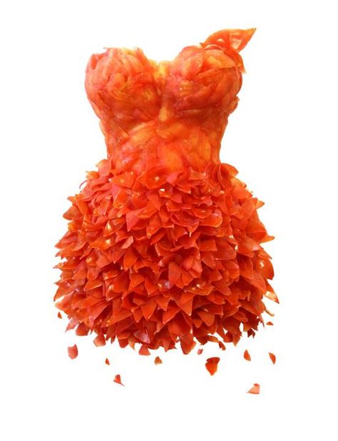 Dress made out of tomatoes. #ModernArt #EdibleDresses Meat Dress, Food Clothes, Orange Is The New, Orange Crush, Orange Is The New Black, Project Inspiration, Dress Out, Floral Fashion, Shades Of Orange