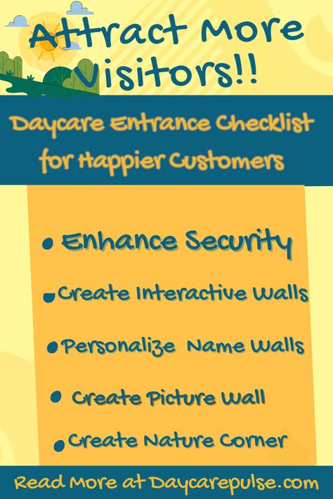 Upgrade your daycare's appeal & safety! Discover 10 entryway ideas to enhance security, aesthetics & impressions. Follow the link to get some more daycare entrance ideas! Daycare Front Entrance Ideas, Daycare Entrance Ideas Entryway, Daycare Entrance Ideas, Home Daycare Advertising Ideas, Daycare Entryway Ideas, Daycare Names Catchy, Childcare Flyers Home Daycare, Open Entryway, Daycare Signs