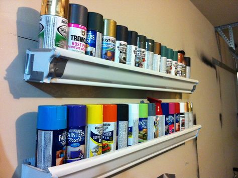 https://flic.kr/p/fF6BB9 | Garage organization | The gutter was originally for a different project but we decided to use it here instead. This gets most of our spray paints stored where they are easily visible and close at hand. The pin that inspired the project: pinterest.com/pin/249105423111427960/ Shed Organization, Garage Storage Solutions, Garage Organize, Garage Shed, Garden Tool Storage, Diy Garage Storage, Garage Makeover, Workshop Organization, Garage Storage Organization