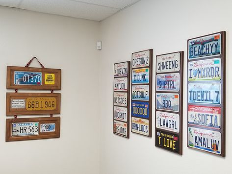 License Plate Display, License Plate Display Ideas, License Plate Wall Decor, License Plate Decor, License Plate Wall, Plates Ideas, Car Number Plates, Licence Plates, Plate Ideas