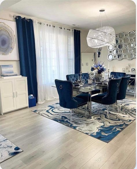 Blue Kitchen And Dining Room, Royal Blue Kitchen Decor, Blue And Silver Home Decor, Blue And Silver Living Room Ideas, Blue Dining Room Decor Ideas, Blue Dining Room Ideas, Royal Blue Decor, Blue Dining Room Decor, Luxury Apartment Decor